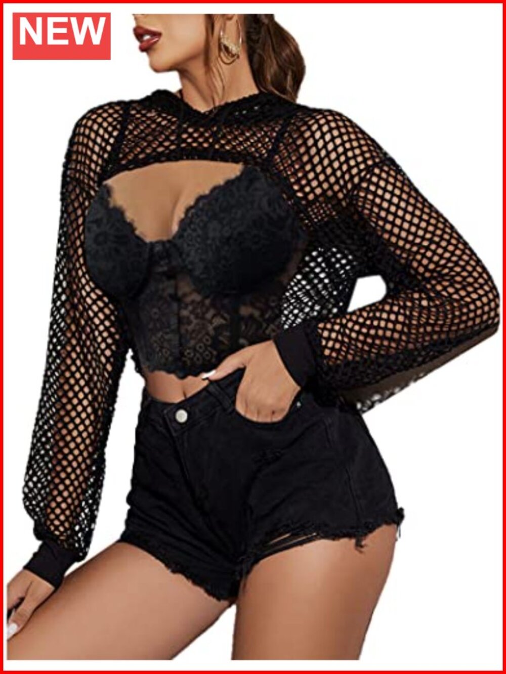 Mesh Crop Top Hoodie Long Sleeve Fishnet Shirt Rave Festival